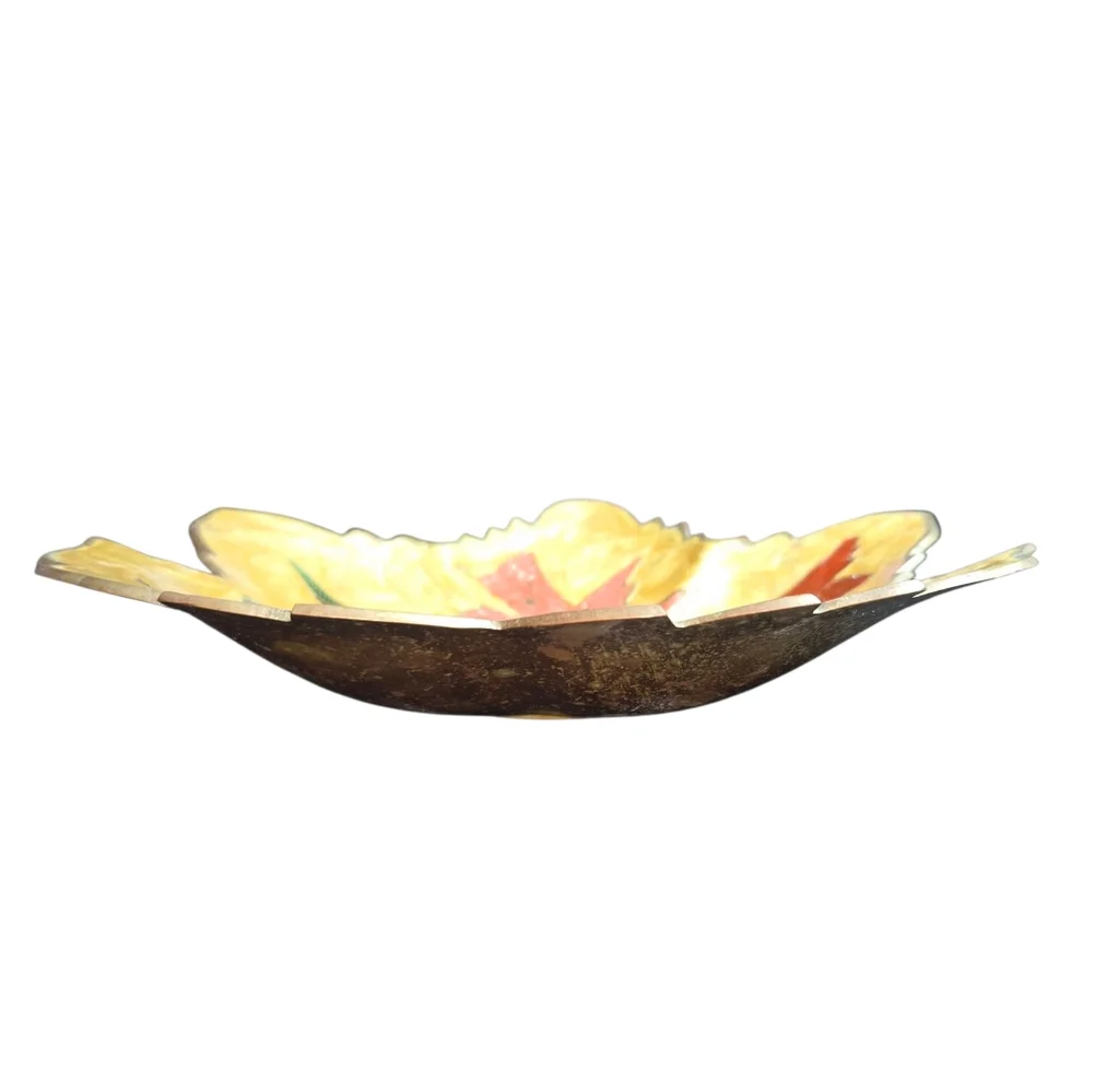 Vintage India‎ Made Floral Enamel On Brass Leaf Shaped Bowl Dish 8.5
